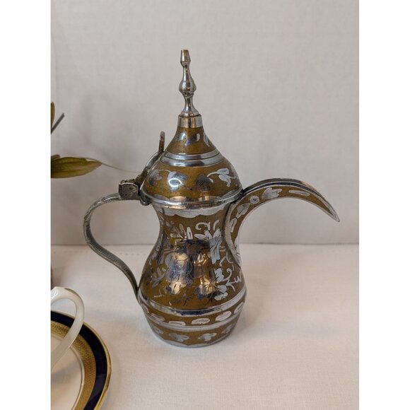 Vintage Dallah Coffee Pot Middle Eastern Style Brass & Silver Floral Engravings - Picture 2 of 10